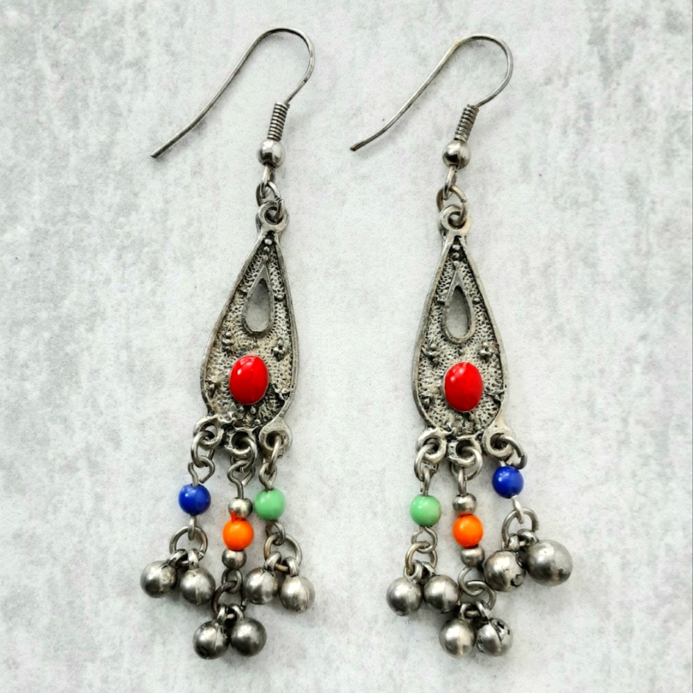 Chandelier Dangle Earrings Silver Tone, Colorful Beads, French Hooks, Boho